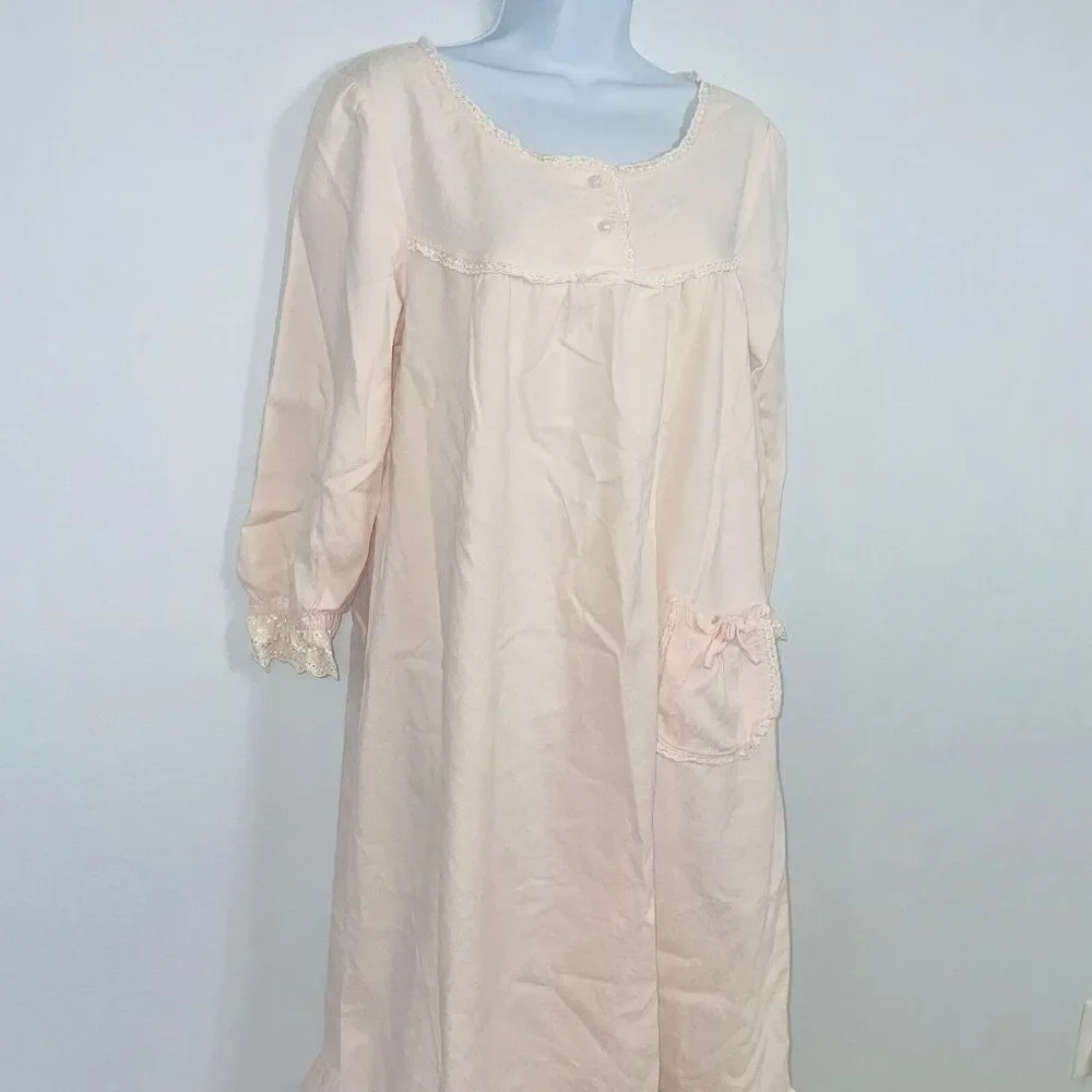 Vintage Womens M Nightgown Pink Ruffled Long Sleeve Modest Prairie